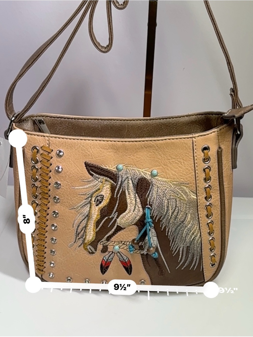 Embroidered Horse Cream Crossbody Bag with Decorative Studs - Picture 3 of 5